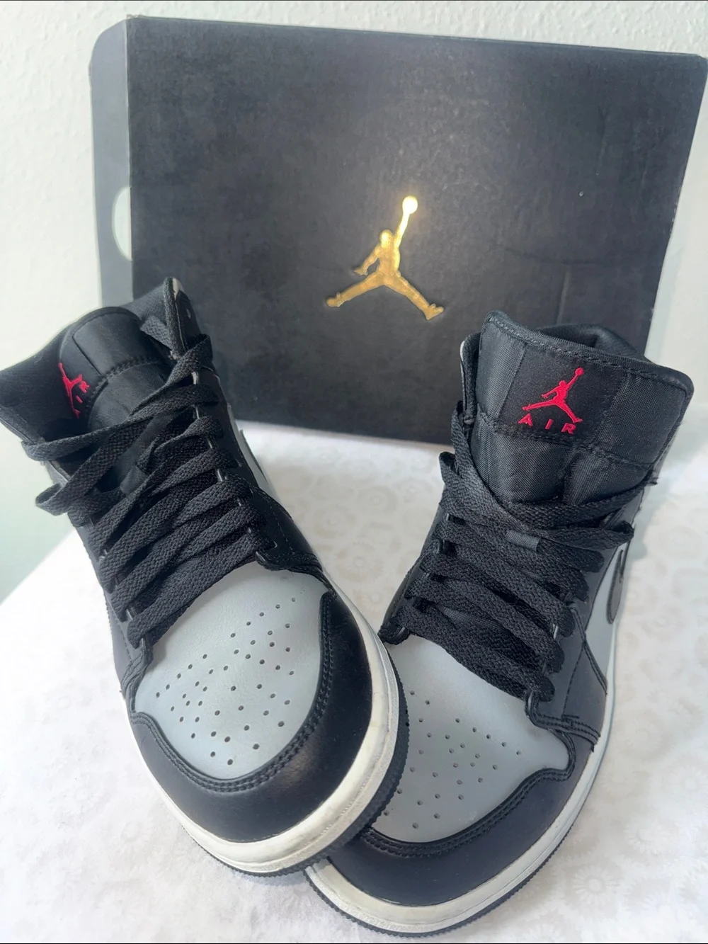 Air Jordan 1 Mid Sneakers in Black, Gray with Red Jumpman